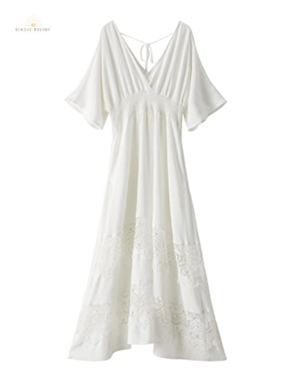 Boho Maxi Dress V Neck Short Sleeve Lace Smocked Waist Flowy